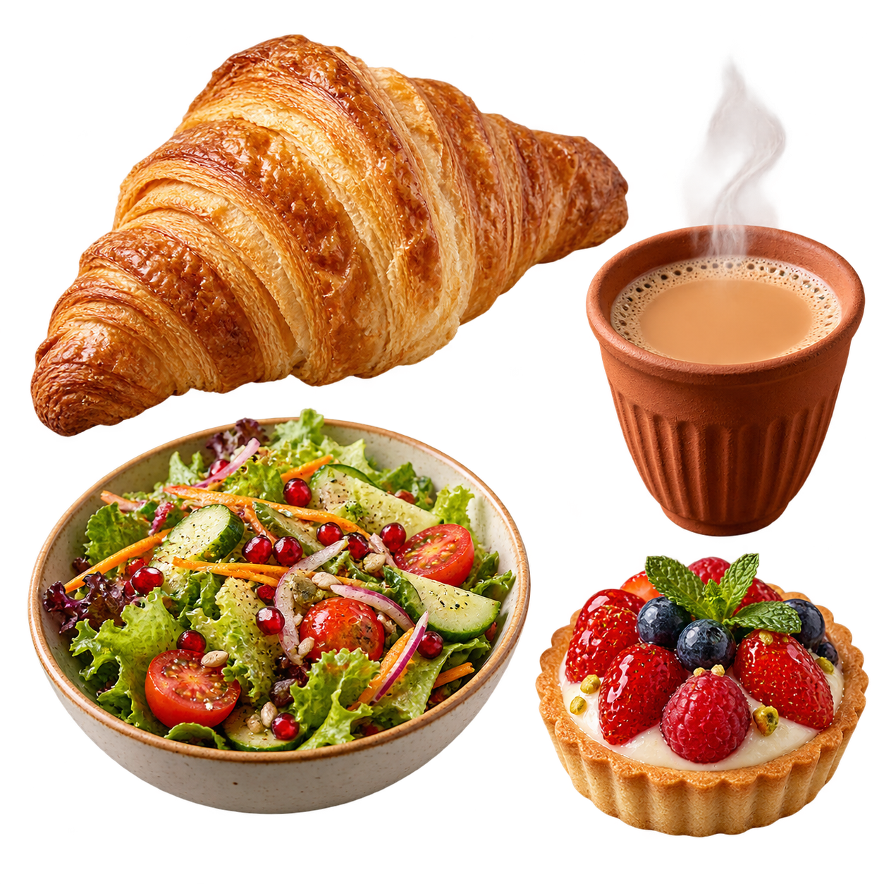 A croissant, chai, fresh salad and berry tart from local food businesses